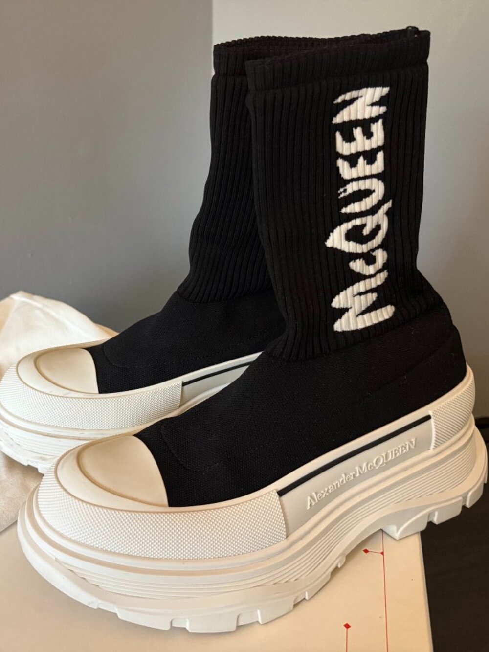 Alexander McQueen Tread Slick Knit Sock Boots – Black / White (US 9 & EU 39)